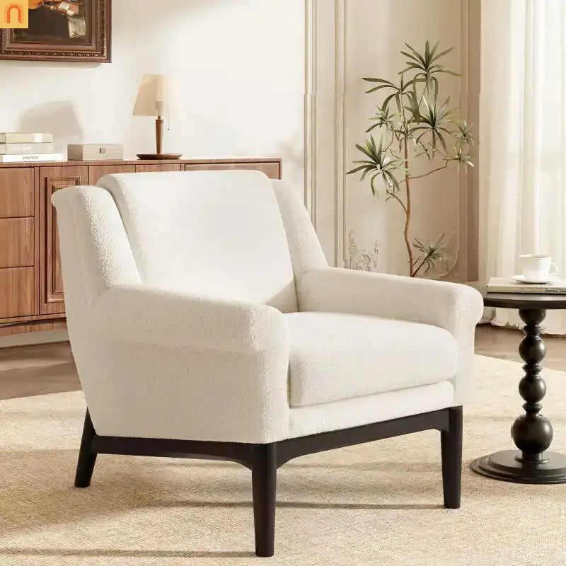 Accent Chair Mid Century Modern Boucle Beige Flared Arms 31in