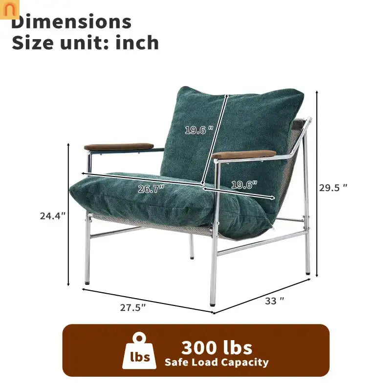 Accent Chair Mid-Century Chenille Green Metal Frame Wood Arms 300 lb 33in