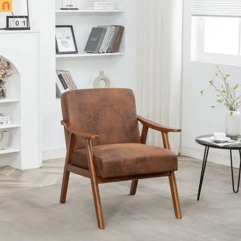 Accent Chair Mid-Century Fabric Brown Rubberwood Curved Arms 300 lb 26in