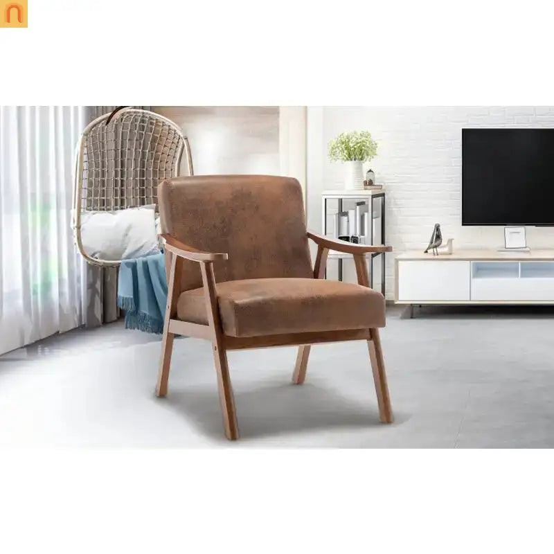 Accent Chair Mid-Century Fabric Brown Rubberwood Curved Arms 300 lb 26in