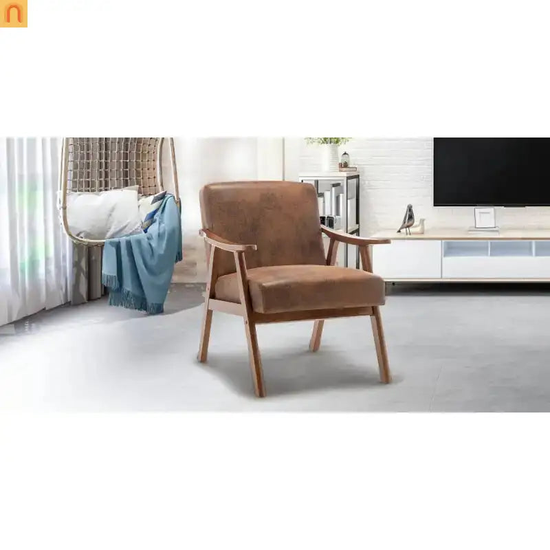 Accent Chair Mid-Century Fabric Brown Rubberwood Curved Arms 300 lb 26in