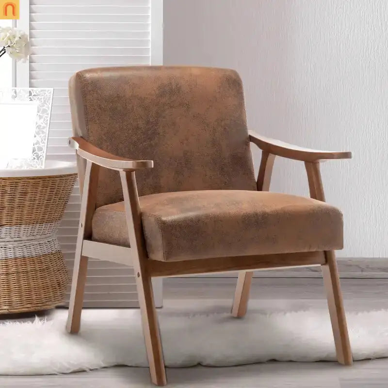 Accent Chair Mid-Century Fabric Brown Rubberwood Curved Arms 300 lb 26in