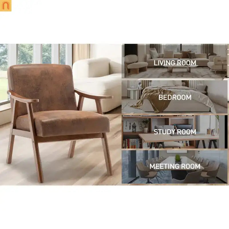 Accent Chair Mid-Century Fabric Brown Rubberwood Curved Arms 300 lb 26in