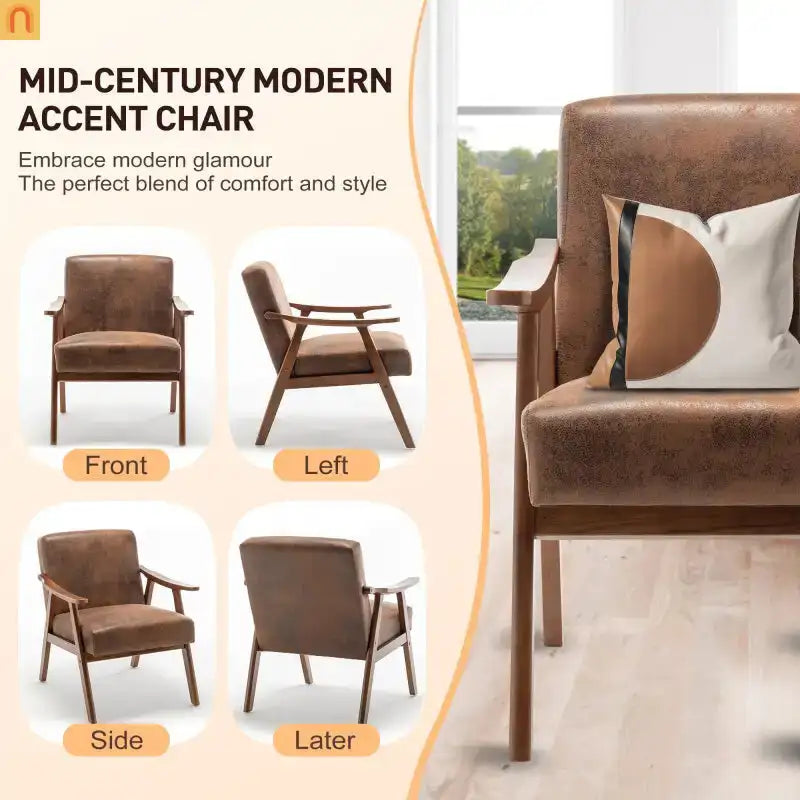 Accent Chair Mid-Century Fabric Brown Rubberwood Curved Arms 300 lb 26in