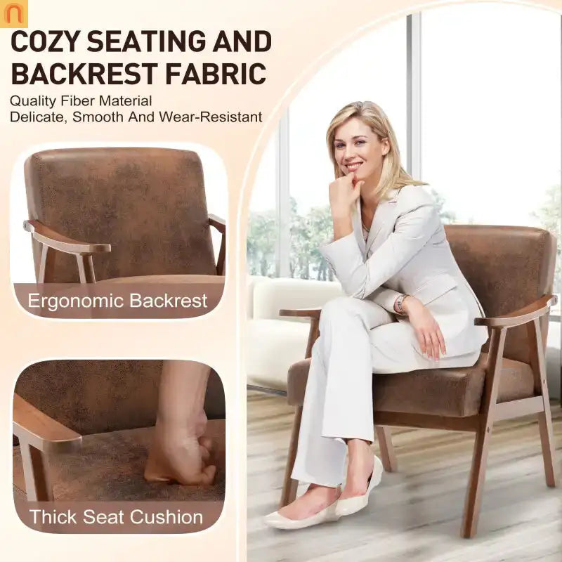 Accent Chair Mid-Century Fabric Brown Rubberwood Curved Arms 300 lb 26in