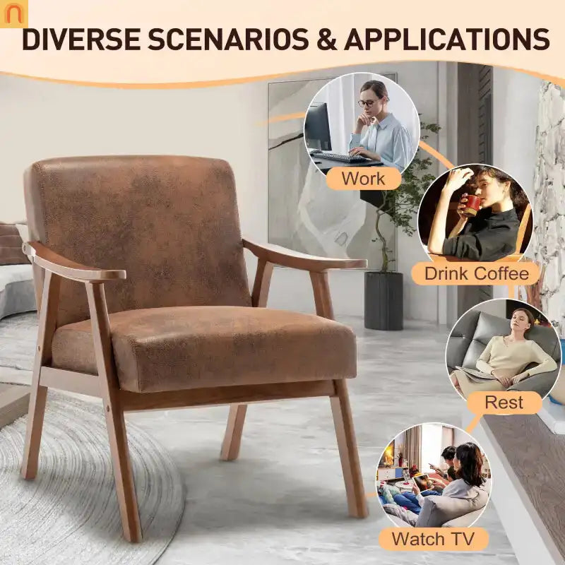 Accent Chair Mid-Century Fabric Brown Rubberwood Curved Arms 300 lb 26in