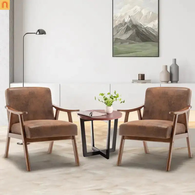 Accent Chair Mid-Century Fabric Brown Rubberwood Curved Arms 300 lb 26in