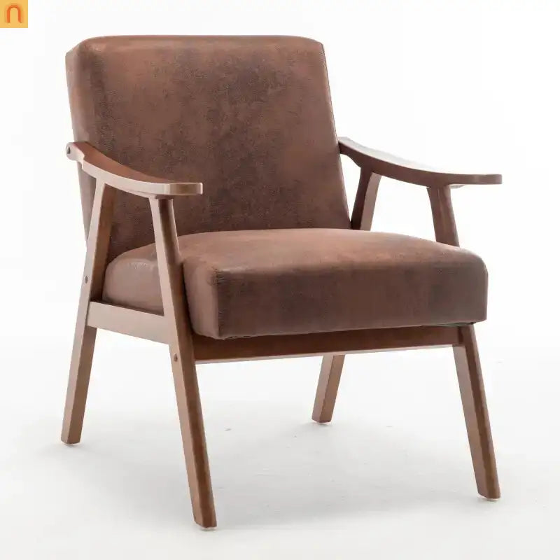 Accent Chair Mid-Century Fabric Brown Rubberwood Curved Arms 300 lb 26in