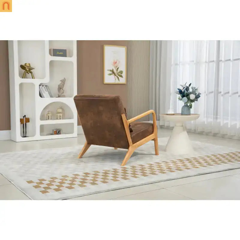 Accent Chair Mid-Century Fabric Brown Cotton Fill Wood Frame 250 lb