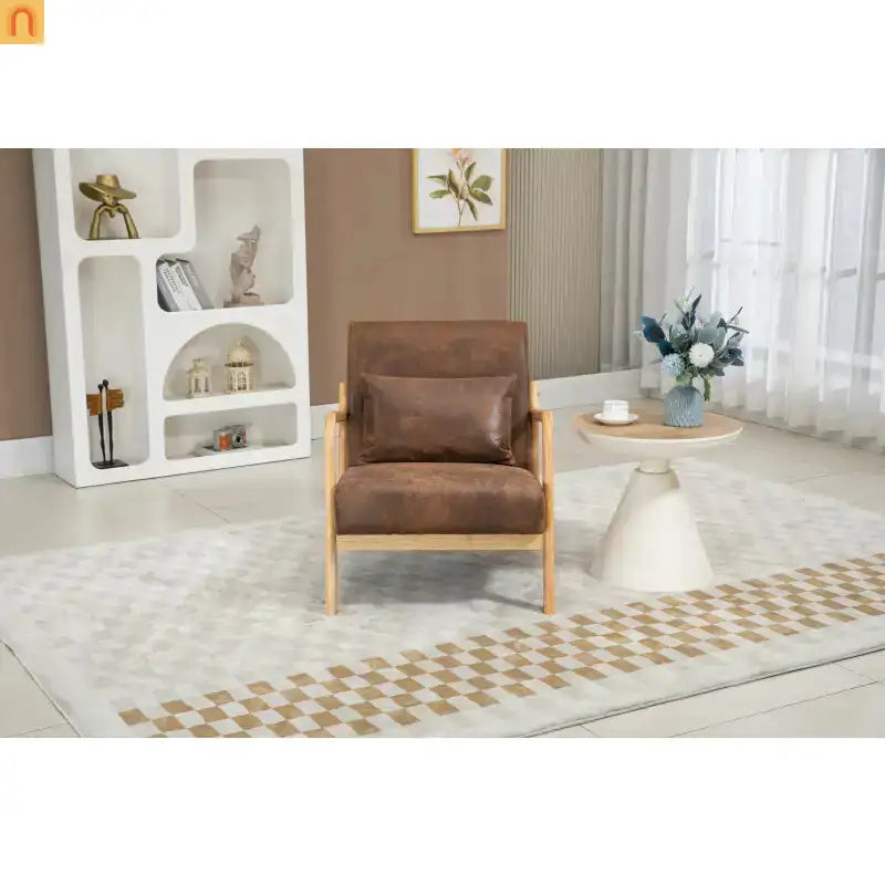 Accent Chair Mid-Century Fabric Brown Cotton Fill Wood Frame 250 lb