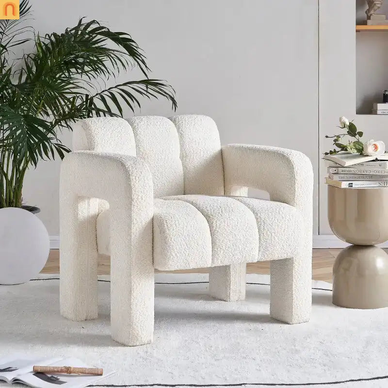 Accent Chair Modern Boucle Beige Solid Wood Frame 31in Wide
