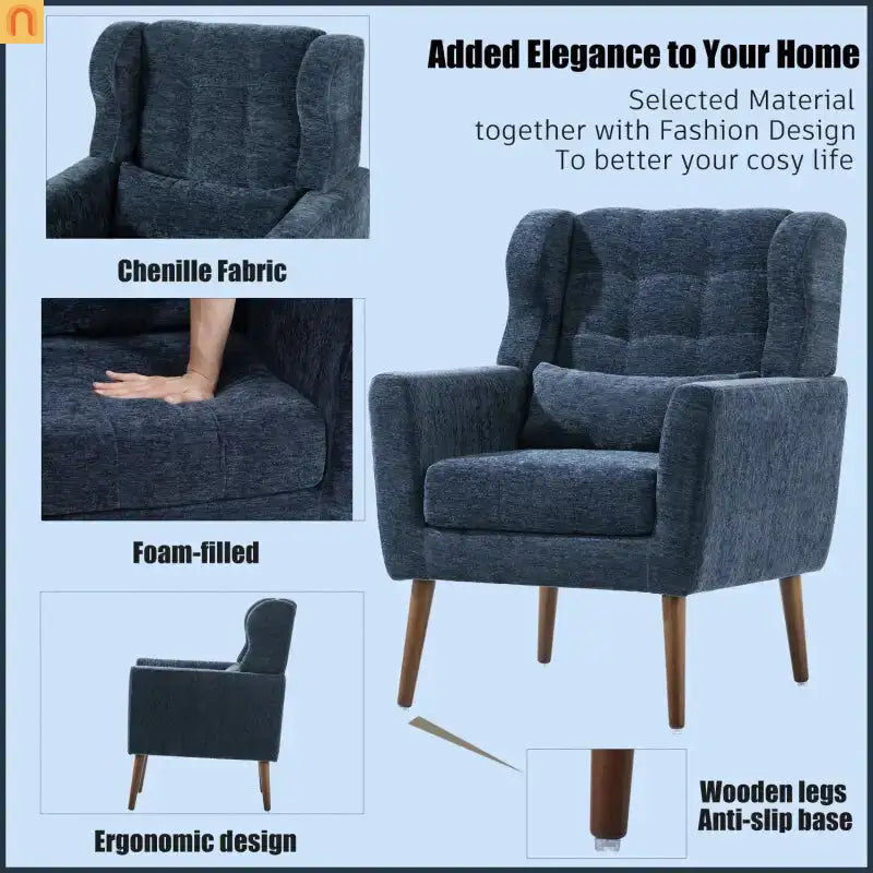 Accent Chair Modern Chenille Dark Blue 28in Waist Pillow 275 lb