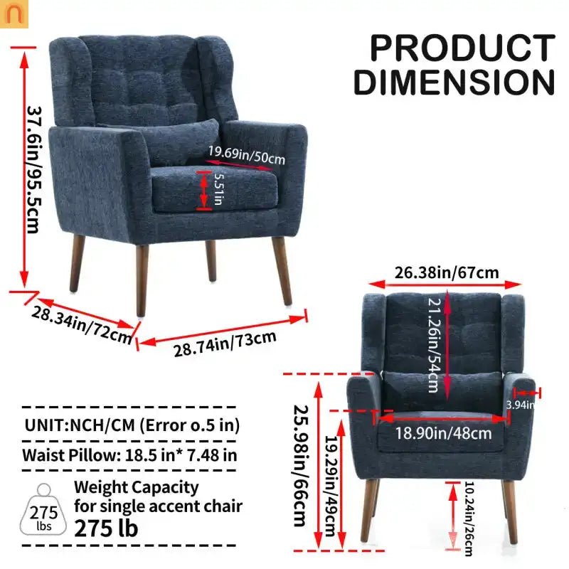 Accent Chair Modern Chenille Dark Blue 28in Waist Pillow 275 lb