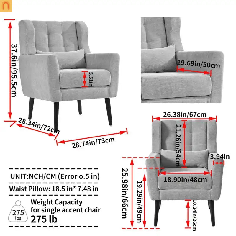 Accent Chair Modern Chenille Gray Rubberwood Waist Pillow 275 lb 28in