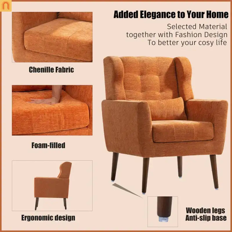 Modern Chenille Orange Accent Chair 28in 275lb