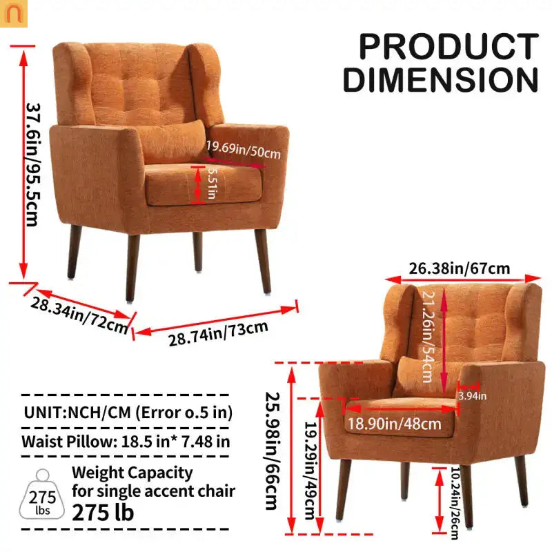 Modern Chenille Orange Accent Chair 28in 275lb