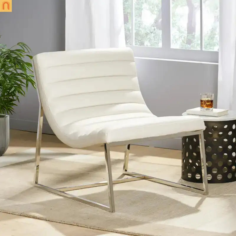 Accent Chair PU Leather White Chrome Legs Roll-Back 27in