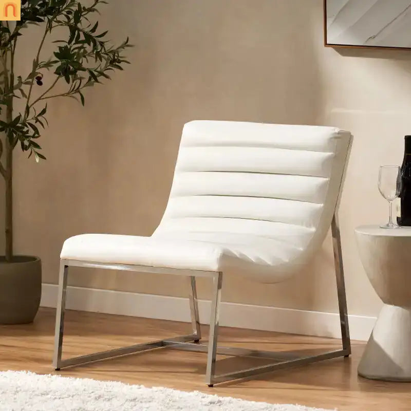 Accent Chair PU Leather White Chrome Legs Roll-Back 27in