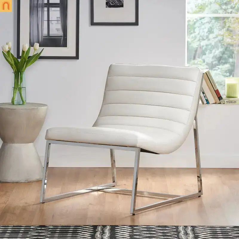 Accent Chair PU Leather White Chrome Legs Roll-Back 27in