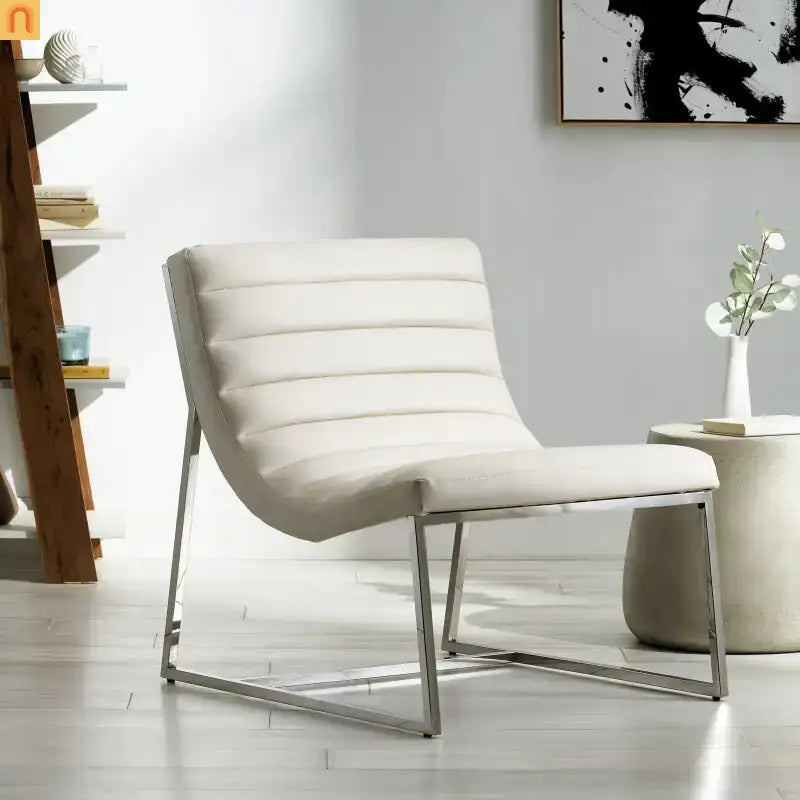 Accent Chair PU Leather White Chrome Legs Roll-Back 27in
