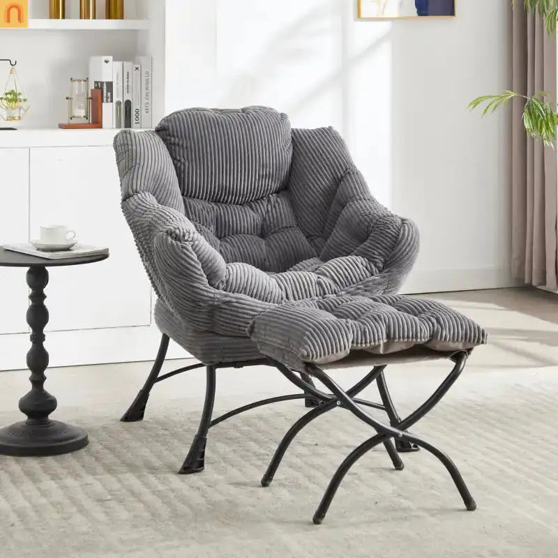 Accent Chair Lounge Gray Flannelette with Ottoman and Side Pocket
