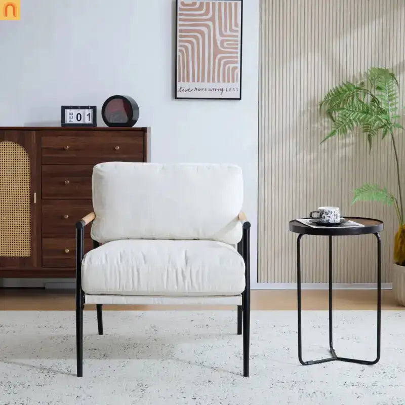 Accent Chair Modern Metal Frame Wood Armrests Beige Foam 27in