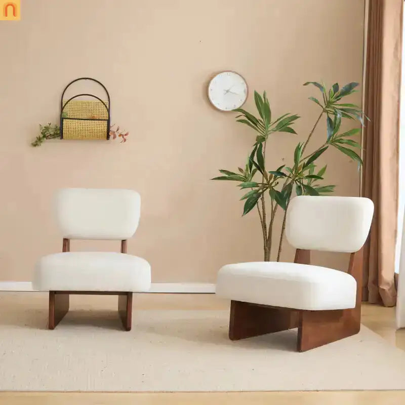 Accent Chair Modern Minimalist Polyester Beige Set of 2 Walnut Base