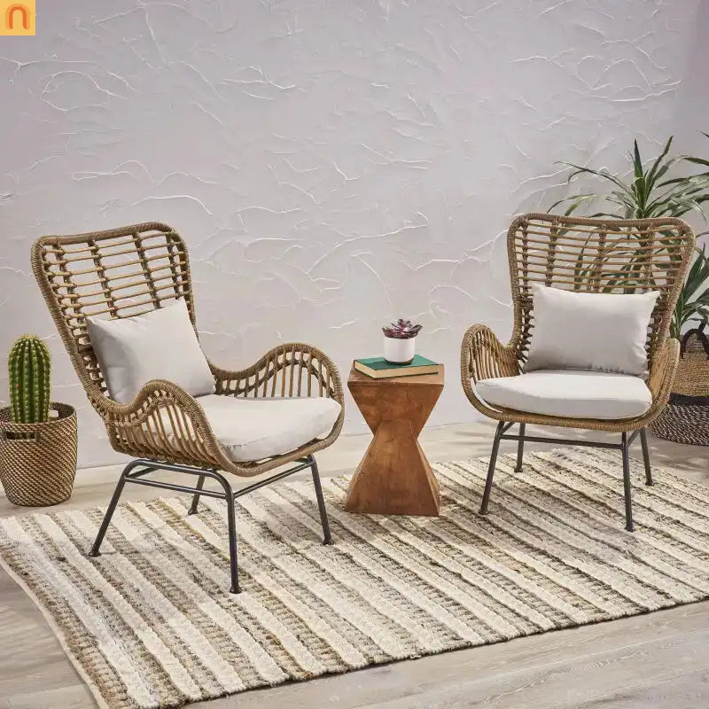 Outdoor Chair PE Rattan Beige Steel Frame Set of 2 37.25in