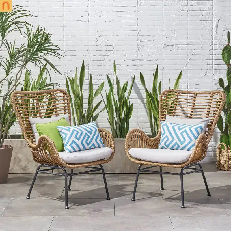 Outdoor Chair PE Rattan Beige Steel Frame Set of 2 37.25in