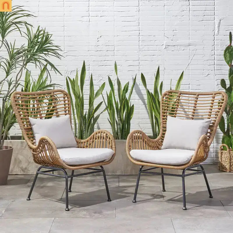 Outdoor Chair PE Rattan Beige Steel Frame Set of 2 37.25in