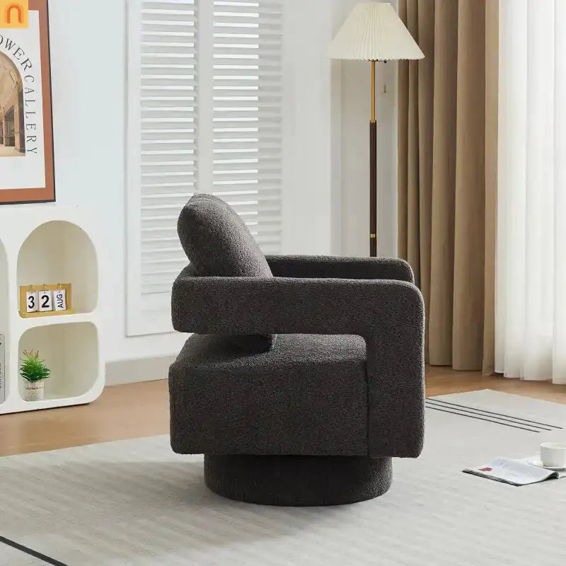 Accent Chair Square Swivel Boucle Charcoal 360 Removable Cushion