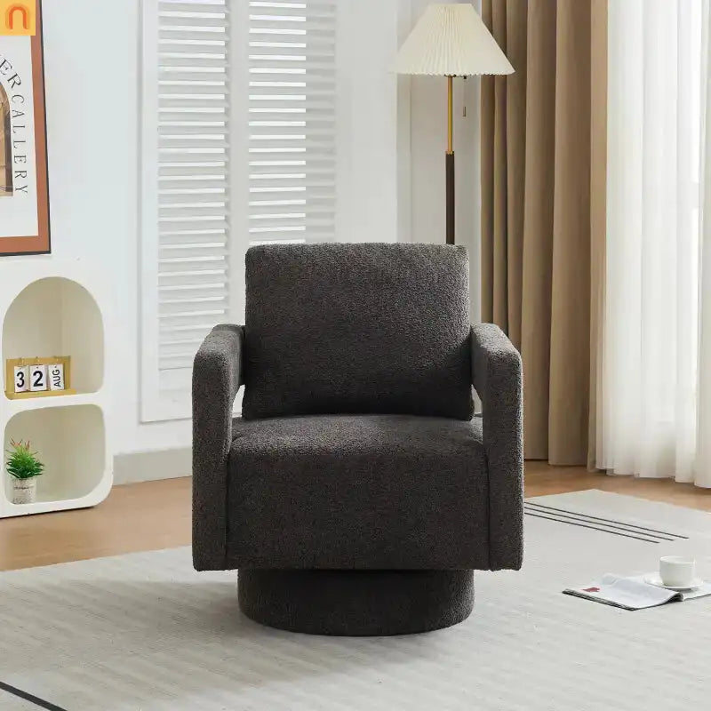 Accent Chair Square Swivel Boucle Charcoal 360 Removable Cushion