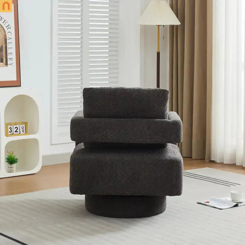 Accent Chair Square Swivel Boucle Charcoal 360 Removable Cushion