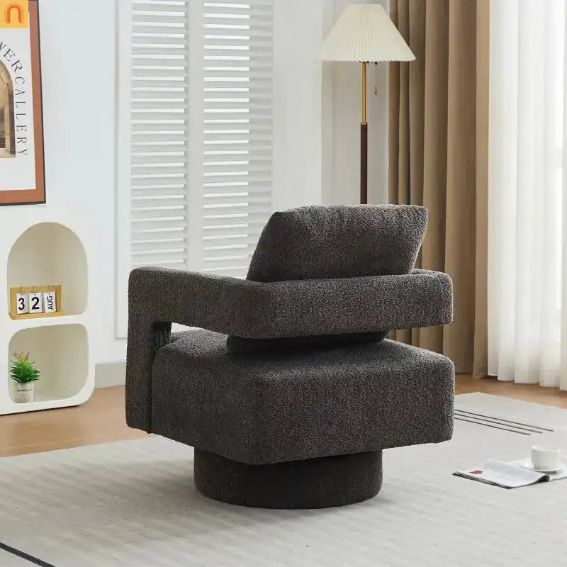 Accent Chair Square Swivel Boucle Charcoal 360 Removable Cushion