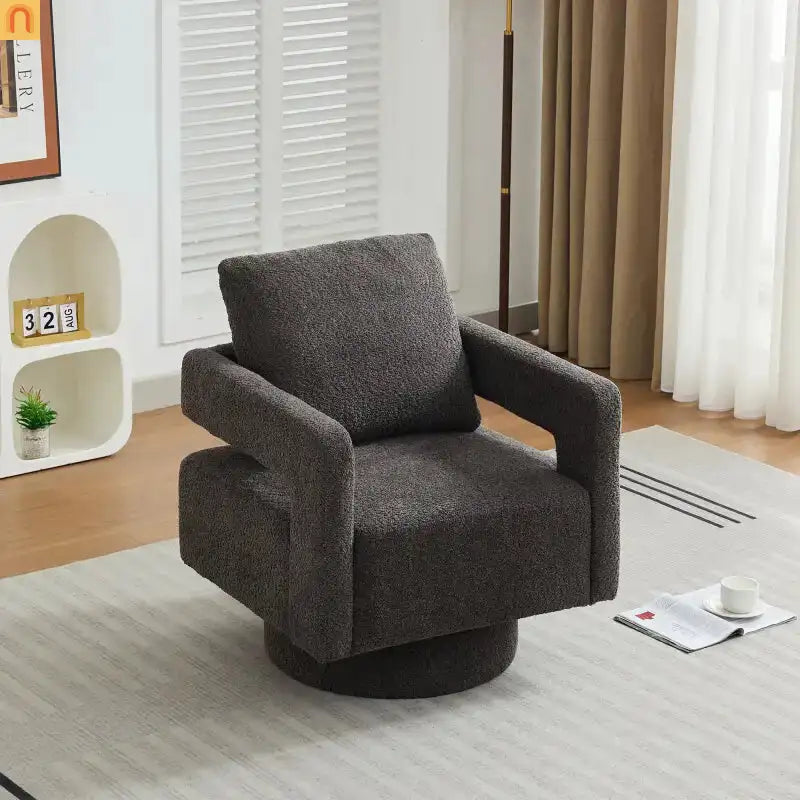 Accent Chair Square Swivel Boucle Charcoal 360 Removable Cushion