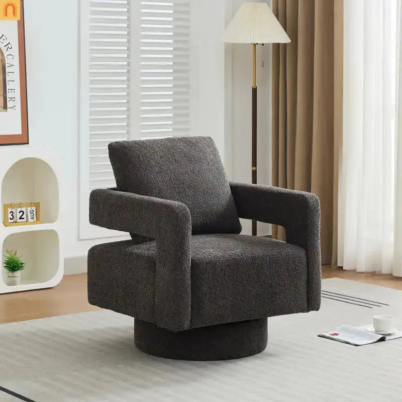 Accent Chair Square Swivel Boucle Charcoal 360 Removable Cushion