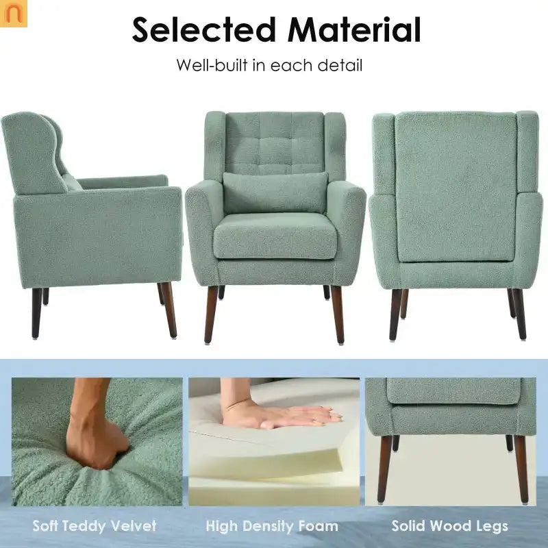 Accent Chair Modern Teddy Fabric Light Green Rubberwood 275 lb 28in