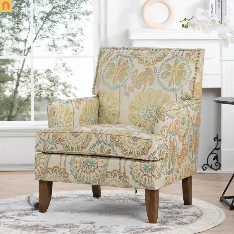 Accent Chair Modern Fabric Beige Yellow Birch Legs Pocket Spring 220 lb
