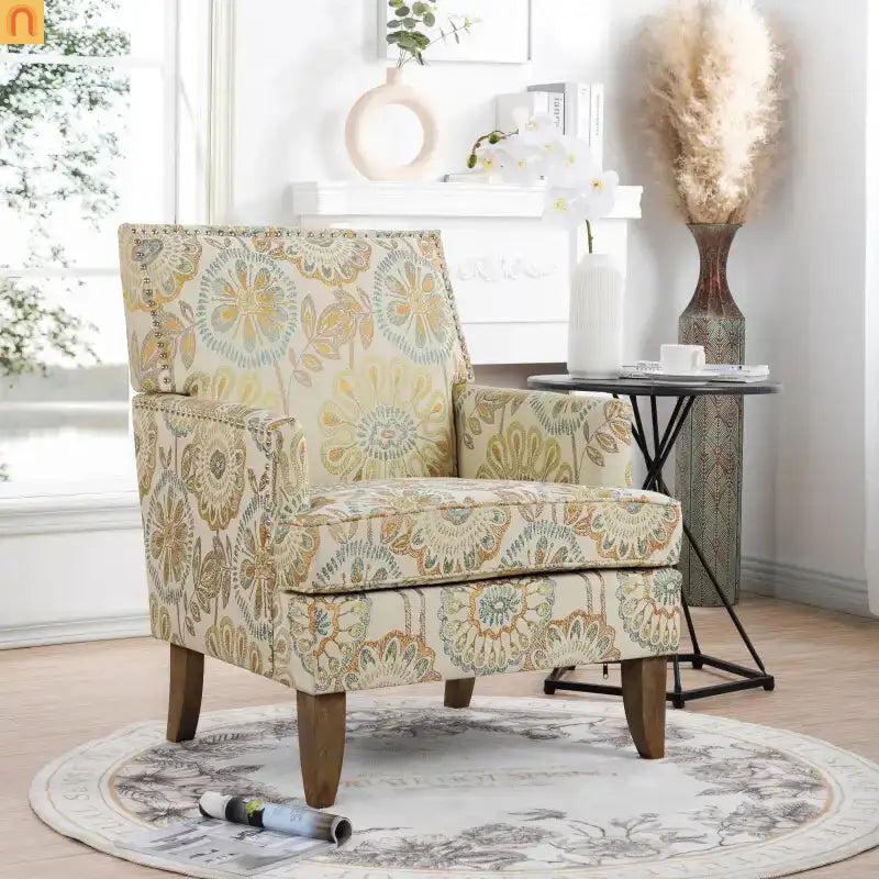 Accent Chair Modern Fabric Beige Yellow Birch Legs Pocket Spring 220 lb