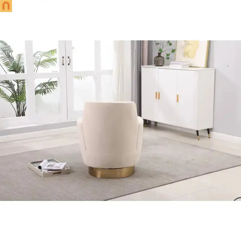 Accent Chair Swivel Barrel Velvet Beige Gold Stainless Steel Base