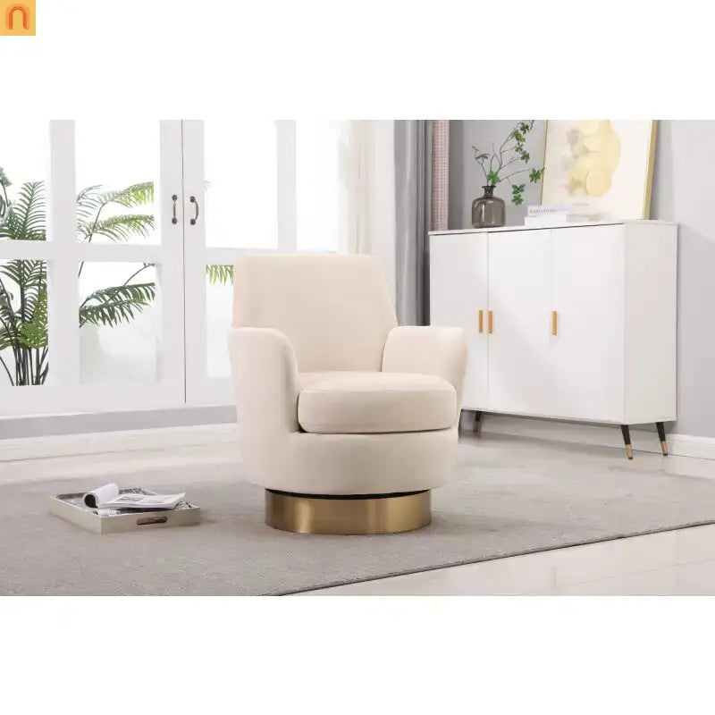 Accent Chair Swivel Barrel Velvet Beige Gold Stainless Steel Base