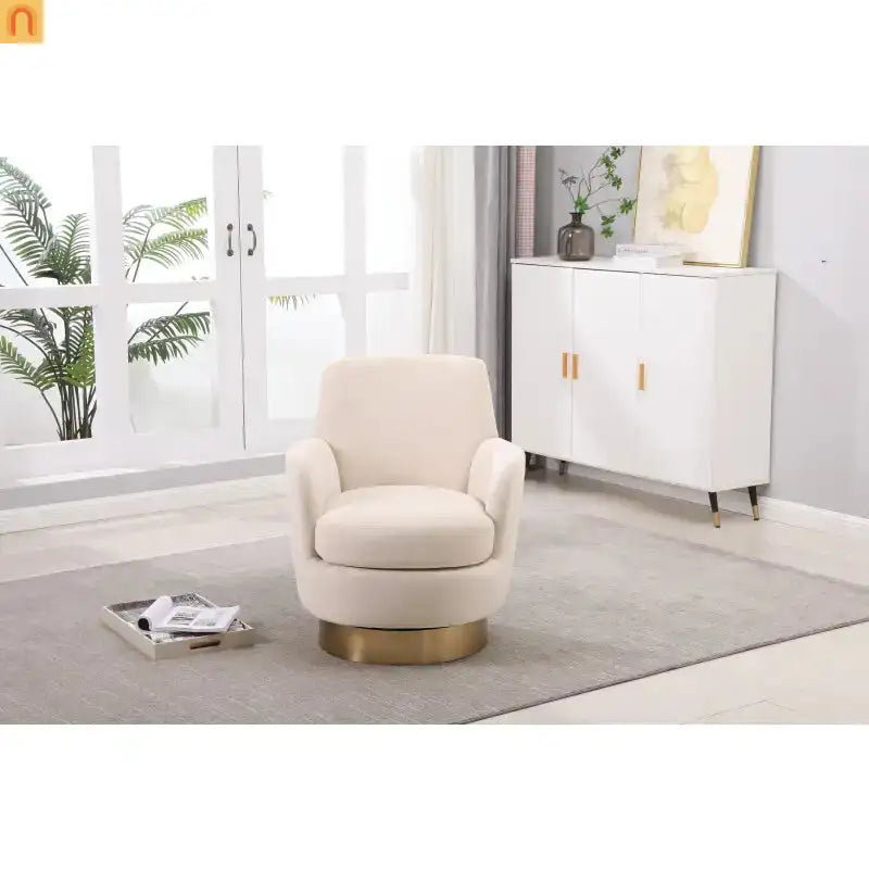 Accent Chair Swivel Barrel Velvet Beige Gold Stainless Steel Base