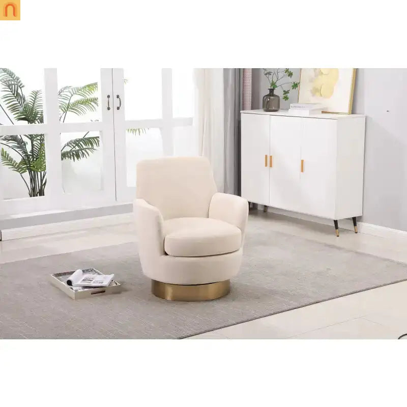 Accent Chair Swivel Barrel Velvet Beige Gold Stainless Steel Base