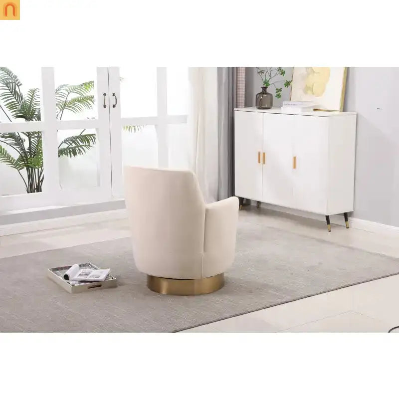 Accent Chair Swivel Barrel Velvet Beige Gold Stainless Steel Base