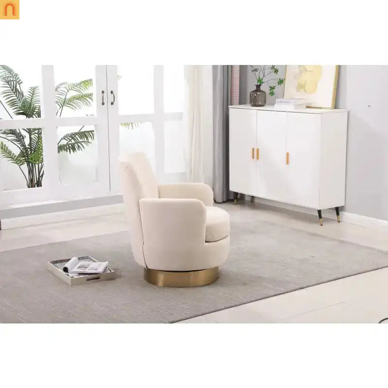 Accent Chair Swivel Barrel Velvet Beige Gold Stainless Steel Base