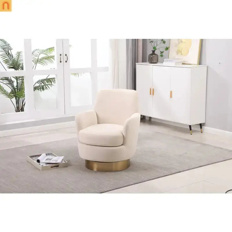 Accent Chair Swivel Barrel Velvet Beige Gold Stainless Steel Base