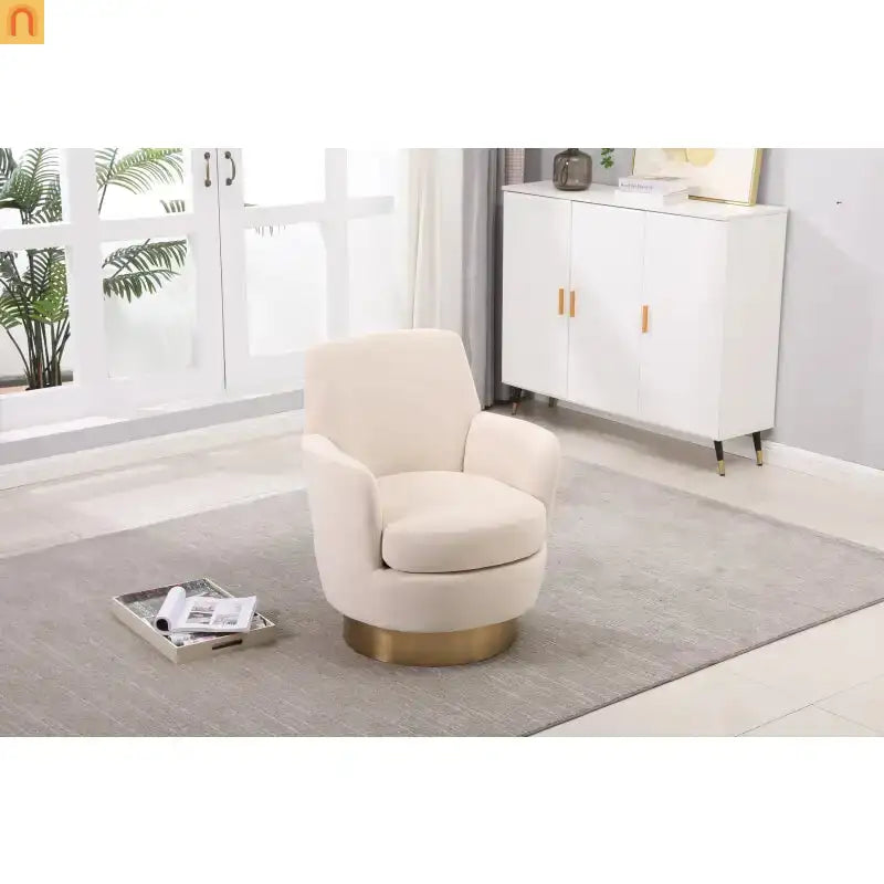 Accent Chair Swivel Barrel Velvet Beige Gold Stainless Steel Base