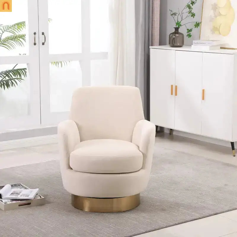 Accent Chair Swivel Barrel Velvet Beige Gold Stainless Steel Base