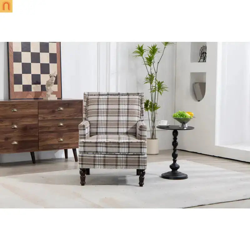 Accent Chair Vintage Linen Striped Nailhead Trim Wood Legs