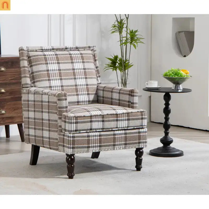 Accent Chair Vintage Linen Striped Nailhead Trim Wood Legs